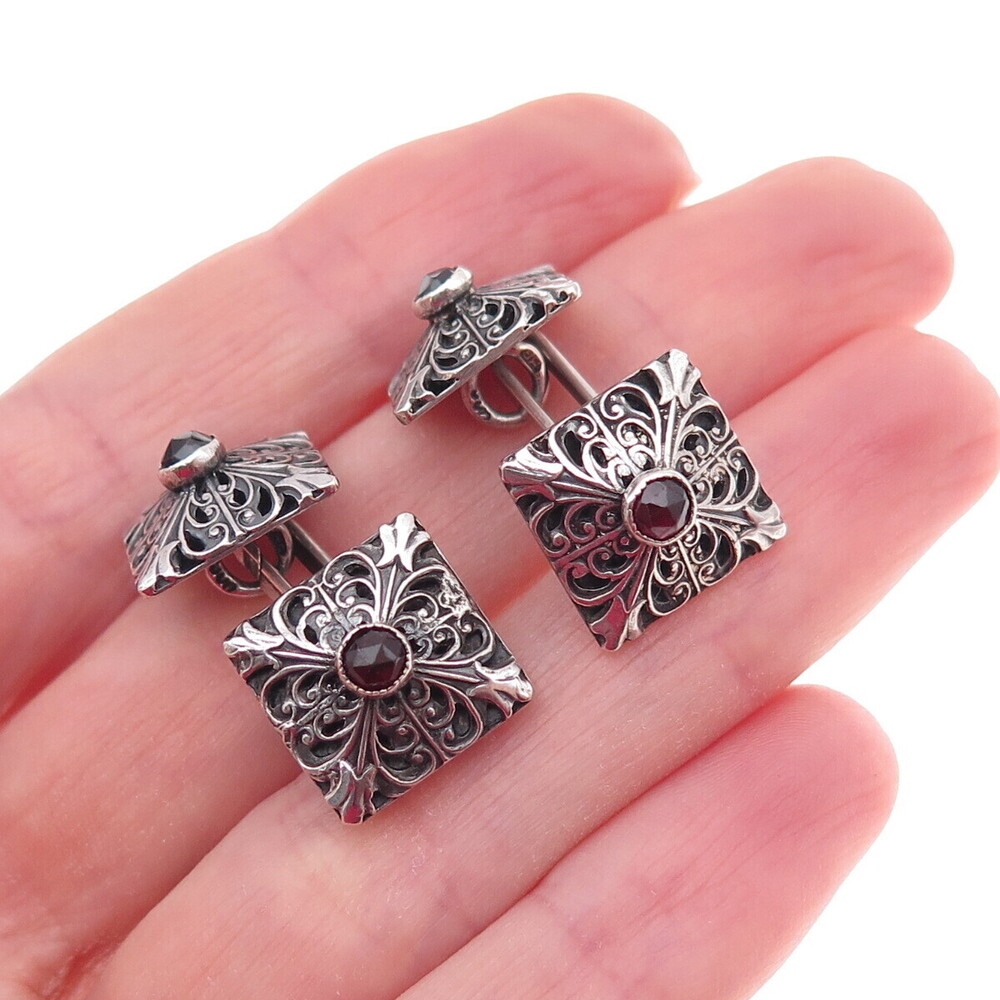 800 Silver Antique Art Deco Real Red Garnet Floral Oxidized Cufflinks